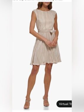 DKNY Beige Pleated Cap-Sleeve Midi Dress
